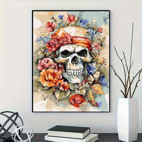 مجموعات الطلاء حسب الأرقام للبالغين المبتدئين، مجموعة طلاء جمجمة بالألوان المائية DIY حسب الأرقام على القماش، طلاء هيكل عظمي بسيط من الأكريليك سهل للكبار حسب الأرقام بدون إطار لديكور الحائط المنزلي 16 × 20 بوصة in Kuwait