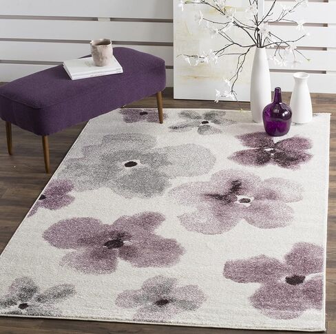 سجادة SAFAVIEH Adirondack Collection - 4 × 6 بوصة، باللون العاجي والأرجواني، تصميم بألوان مائية زهرية، لا يتساقط ويسهل العناية بها، مثالية للمناطق ذات حركة المرور العالية في المدخل، وغرفة المعيشة، وغرفة النوم (ADR123L) in Saudi Arabia