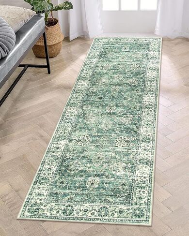 LIVEBOX Green Washable Runner Rug - 2x6 Runner Rug Non Slip Hallway Runner Rug Kitchen Runner Rugs with Rubber Backing, Vintage Floral Soft Long Carpet Runners for Indoor Bedroom Laundry Entryway in Saudi Arabia