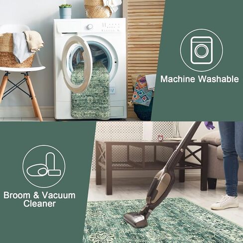 LIVEBOX Green Washable Runner Rug - 2x6 Runner Rug Non Slip Hallway Runner Rug Kitchen Runner Rugs with Rubber Backing, Vintage Floral Soft Long Carpet Runners for Indoor Bedroom Laundry Entryway in Saudi Arabia