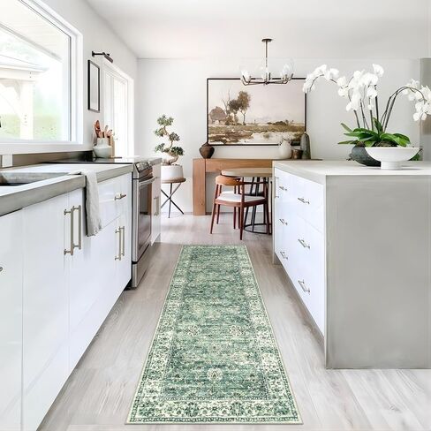 LIVEBOX Green Washable Runner Rug - 2x6 Runner Rug Non Slip Hallway Runner Rug Kitchen Runner Rugs with Rubber Backing, Vintage Floral Soft Long Carpet Runners for Indoor Bedroom Laundry Entryway in Saudi Arabia
