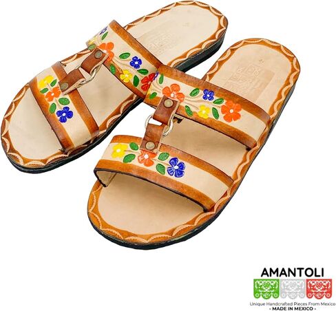 Verbena Ocre Sandal Model - Otomi Huarache - Women 100% Artisan Hand Made | Hand Painted Mexican Leather Hipster Colorful Sandal | Flats | Huarache Artesanal - Hecho a Mano Handcrafted in Mexico (7 US) in Kuwait