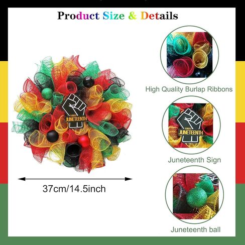 إكليل Juneteenth للباب الأمامي، 19 يونيو 1865، أكاليل بأربعة ألوان، يوم تذكاري لحرية الاحتفال بالمهرجان الأمريكي الأفريقي، ديكورات Juneteenth لساحة ديكور الحائط المنزلي، الشرفة in Kuwait