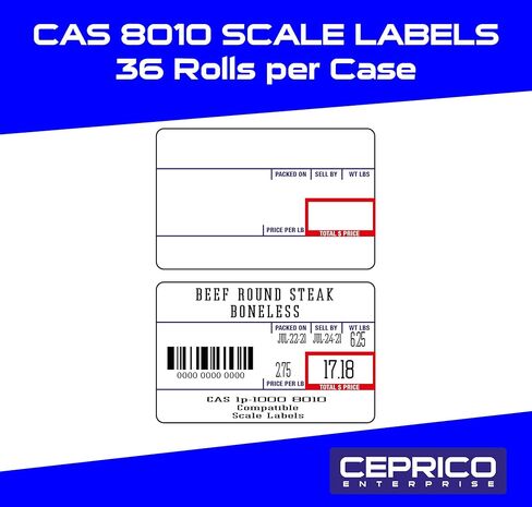 CEPRICO - ملصقات مقياس CAS 8010 | 36 لفة لموازين CAS | ملصق مقياس الطباعة CAS lst-8010 | الجودة للمقياس الرقمي CAS | يو بي سي | كاس ليرة لبنانية 1000 | 700 ملصق للموازين | جربها in Kuwait