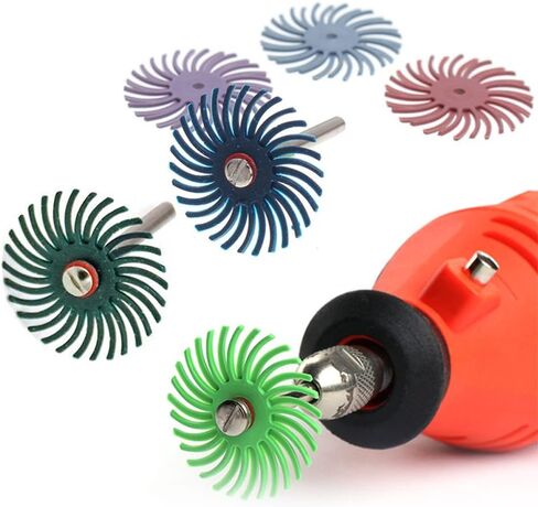 Bestgle 18 قطعة 25 مم/1 بوصة مجموعة متنوعة من الفرش الكاشطة بشعيرات نصف قطرية مختلطة مع 6 قطع مماسك 3 مم للأدوات الدوارة لتنظيف اللمسات النهائية وتلميع إزالة الأزيز، حبيبات 80/120/220/400/600/1000 in Kuwait