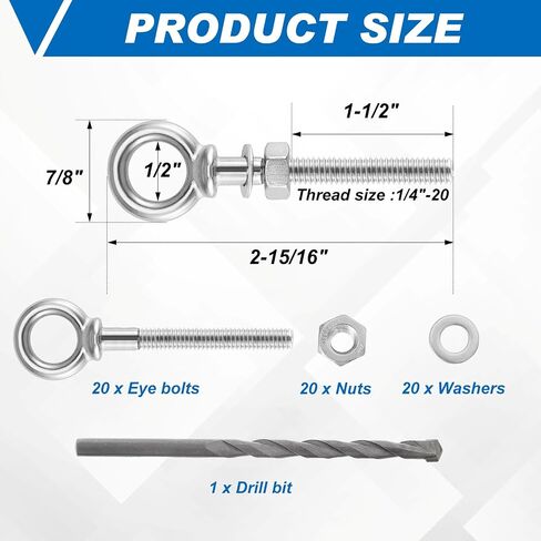 Blulu 20 Pieces 1/4"-20 Eye Bolt 316 Stainless Steel Eye Bolt, Heavy Duty Shoulder Eyebolts Screws with Washer and Nuts in Saudi Arabia