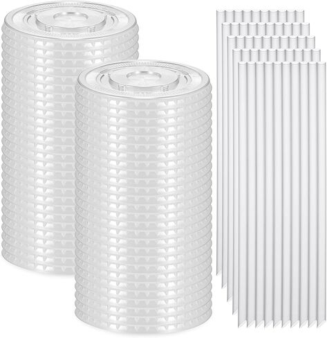 50 Sets Clear Plastic Flat Lids with Straws, Disposable Cup Lids with Drinking Straws Set Fits 12, 16, 18, 20, 24 oz Cups for Iced Coffees, Cocktails, Beverages and Parties in Kuwait