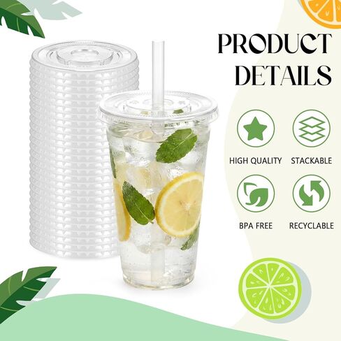 50 Sets Clear Plastic Flat Lids with Straws, Disposable Cup Lids with Drinking Straws Set Fits 12, 16, 18, 20, 24 oz Cups for Iced Coffees, Cocktails, Beverages and Parties in Kuwait
