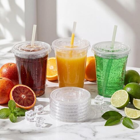 50 Sets Clear Plastic Flat Lids with Straws, Disposable Cup Lids with Drinking Straws Set Fits 12, 16, 18, 20, 24 oz Cups for Iced Coffees, Cocktails, Beverages and Parties in Kuwait