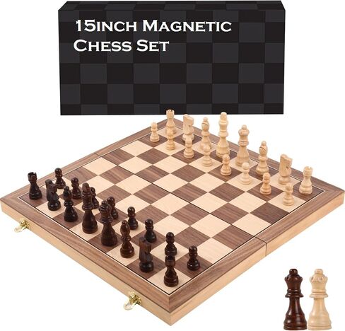 Wooden Chess Set 15 Inch - Classic Handcrafted Game Board for Adults with Extra Queen Pieces and Storage Box - Ideal for Home and Travel -Magnetic in Kuwait