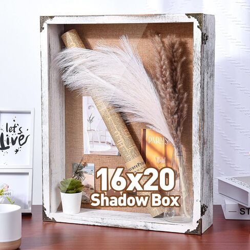 إطار صندوق ظلال كبير مقاس 16 × 20 × 4.7، واجهة من الزجاج المقسى، حافظة عرض بعمق داخلي 3.5 بوصة، ظهر من الكتان السميك، صندوق ذاكرة ريفي مثبت على الحائط للتخرج، الزفاف، الزهور، الصور، التذكارات in Kuwait