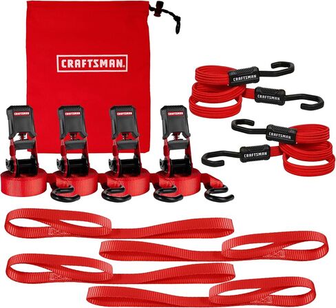مجموعة أدوات ربط مكونة من 10 قطع باللون الأسود/الأحمر من CRAFTSMAN CMXAZBS777 مع أشرطة سقاطة وحبال مطاطية وحلقات ناعمة وحقيبة تخزين (قوة كسر تبلغ 1500 رطل) - إدارة البضائع ونقلها in Kuwait