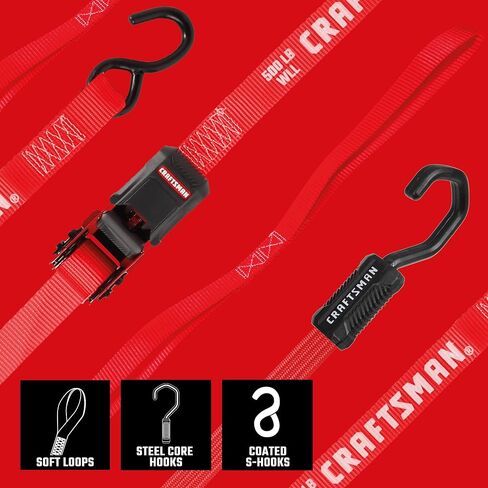مجموعة أدوات ربط مكونة من 10 قطع باللون الأسود/الأحمر من CRAFTSMAN CMXAZBS777 مع أشرطة سقاطة وحبال مطاطية وحلقات ناعمة وحقيبة تخزين (قوة كسر تبلغ 1500 رطل) - إدارة البضائع ونقلها in Kuwait