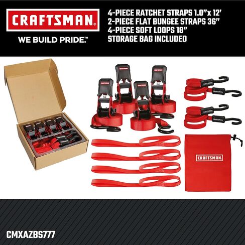 مجموعة أدوات ربط مكونة من 10 قطع باللون الأسود/الأحمر من CRAFTSMAN CMXAZBS777 مع أشرطة سقاطة وحبال مطاطية وحلقات ناعمة وحقيبة تخزين (قوة كسر تبلغ 1500 رطل) - إدارة البضائع ونقلها in Kuwait