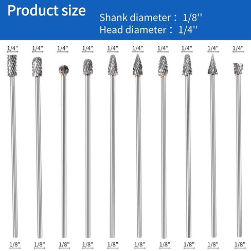 10pcs Long Carbide Burr Set 1/8" Shank 1/4" Head for Dremel Wood Carving Bits，Carbide Drill，Metal Grinding，Burr Bits，Port and Polish kit for Metal in Kuwait