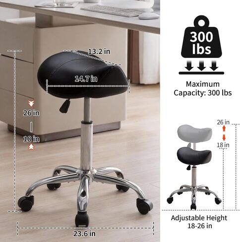 FIRAVOE Saddle Stool, Swivel Saddle Stools with Wheels, Adjustable Rolling Stool 18"-26", Faux Leather Rolling Saddle Stool for Salon, Massage, Clinic, Lab, Office (Black, 1PCS (18"-26")) in Saudi Arabia