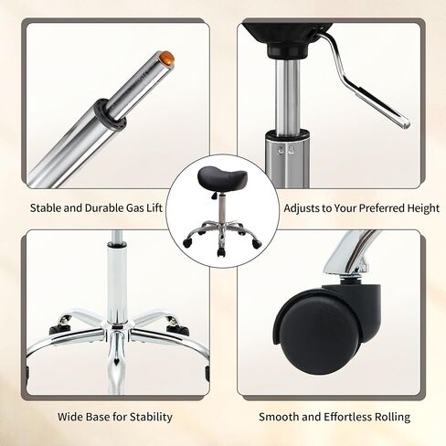 FIRAVOE Saddle Stool, Swivel Saddle Stools with Wheels, Adjustable Rolling Stool 18"-26", Faux Leather Rolling Saddle Stool for Salon, Massage, Clinic, Lab, Office (Black, 1PCS (18"-26")) in Saudi Arabia