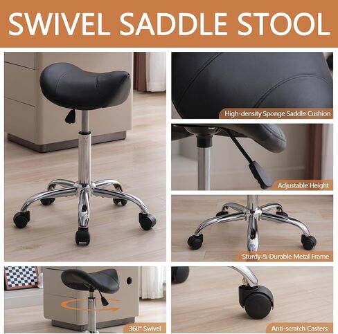 FIRAVOE Saddle Stool, Swivel Saddle Stools with Wheels, Adjustable Rolling Stool 18"-26", Faux Leather Rolling Saddle Stool for Salon, Massage, Clinic, Lab, Office (Black, 1PCS (18"-26")) in Saudi Arabia