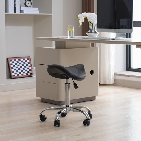 FIRAVOE Saddle Stool, Swivel Saddle Stools with Wheels, Adjustable Rolling Stool 18"-26", Faux Leather Rolling Saddle Stool for Salon, Massage, Clinic, Lab, Office (Black, 1PCS (18"-26")) in Saudi Arabia