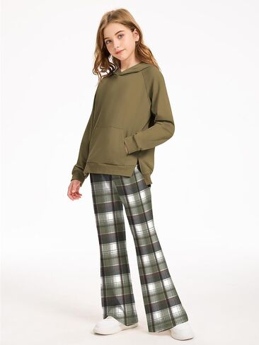 AMAWMW Girls Clothes Fashion Outfits 2 Piece Long Sleeve Hoodie Sweatshirt and Plaid Flare Pants Girls' Clothing Sets in Saudi Arabia
