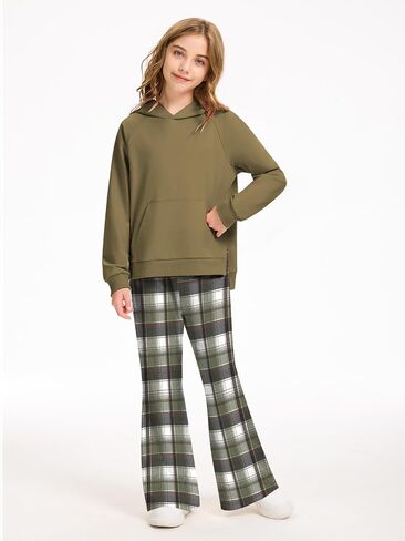 AMAWMW Girls Clothes Fashion Outfits 2 Piece Long Sleeve Hoodie Sweatshirt and Plaid Flare Pants Girls' Clothing Sets in Saudi Arabia