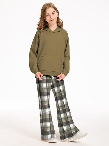 AMAWMW Girls Clothes Fashion Outfits 2 Piece Long Sleeve Hoodie Sweatshirt and Plaid Flare Pants Girls' Clothing Sets in Saudi Arabia