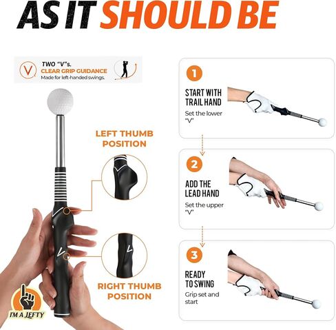 Left-Handed Golf Swing Trainer, Retractable Golf Training Aid with Click Feedback, Left-Handed Golf Grip Trainer for Tempo, Rhythm & Swing Consistency, Portable for Indoor Outdoor Use in Kuwait