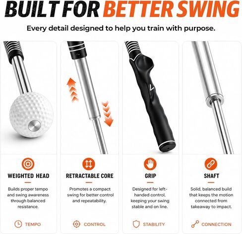 Left-Handed Golf Swing Trainer, Retractable Golf Training Aid with Click Feedback, Left-Handed Golf Grip Trainer for Tempo, Rhythm & Swing Consistency, Portable for Indoor Outdoor Use in Kuwait