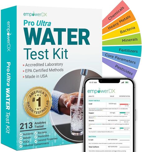 اختبار المياه التمكينDX Pro Ultra | الكل مياه الشرب | تم اختبار أكثر من 210 معلمة | الرصاص والمعادن الثقيلة والمواد الكيميائية والمبيدات الحشرية والبكتيريا | معتمد من وكالة حماية البيئة (EPA) وNELAP | النتائج في 5 أيام | التحليل الأكثر تقدما in Kuwait