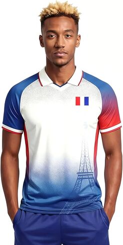 Men's France Football Jersey, White, Blue and Red, V-Neck, Eiffel Tower Graphic, Short Sleeve Soccer Shirt in Kuwait