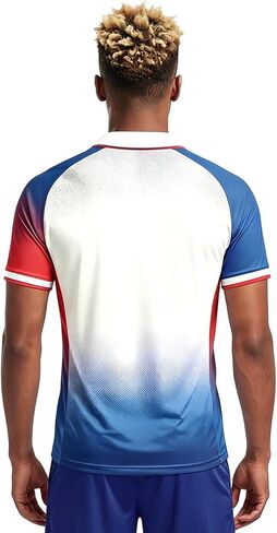 Men's France Football Jersey, White, Blue and Red, V-Neck, Eiffel Tower Graphic, Short Sleeve Soccer Shirt in Kuwait