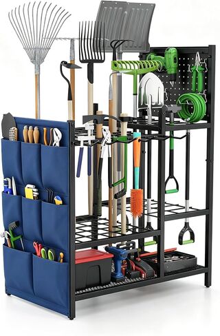 منظم أدوات الحديقة مع Pegboard، حامل أدوات الفناء لتنظيم المرآب، ما يصل إلى 30 أدوات بمقبض طويل/10 أدوات بمقبض على شكل حرف D/مشط/مكنسة/مجرفة/، مع جيب تخزين جانبي in Kuwait