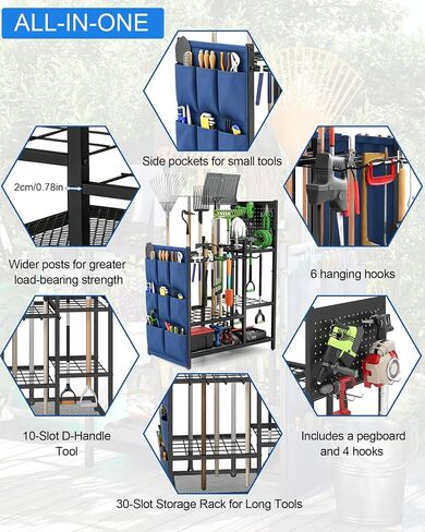 منظم أدوات الحديقة مع Pegboard، حامل أدوات الفناء لتنظيم المرآب، ما يصل إلى 30 أدوات بمقبض طويل/10 أدوات بمقبض على شكل حرف D/مشط/مكنسة/مجرفة/، مع جيب تخزين جانبي in Kuwait