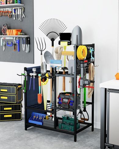 منظم أدوات الحديقة مع Pegboard، حامل أدوات الفناء لتنظيم المرآب، ما يصل إلى 30 أدوات بمقبض طويل/10 أدوات بمقبض على شكل حرف D/مشط/مكنسة/مجرفة/، مع جيب تخزين جانبي in Kuwait