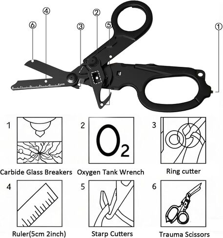 Folding Trauma Shears with Holster,6-in-1 EMT Multi Tool Medical Scissors for Nurses,Emergency Response Shear with Glass Breaker&Oxygen Wrench,Portable Tactical Shears for Paramedics (Carbon Black) in Kuwait