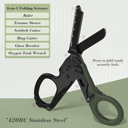Folding Trauma Shears with Holster,6-in-1 EMT Multi Tool Medical Scissors for Nurses,Emergency Response Shear with Glass Breaker&Oxygen Wrench,Portable Tactical Shears for Paramedics (Carbon Black) in Kuwait