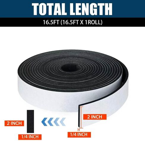Single Sided Foam Tape Heavy Duty Waterproof, 2 Inch Wide x 1/4 Inch Thick EVA Foam Insulation Tape, Black Weather Stripping for Doors and AC Windows Seal, Soundproof 16.5ft in Kuwait