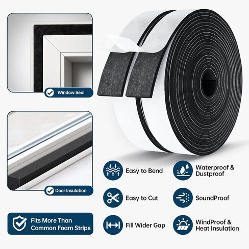 Single Sided Foam Tape Heavy Duty Waterproof, 2 Inch Wide x 1/4 Inch Thick EVA Foam Insulation Tape, Black Weather Stripping for Doors and AC Windows Seal, Soundproof 16.5ft in Kuwait