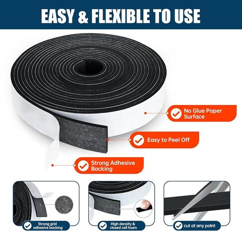Single Sided Foam Tape Heavy Duty Waterproof, 2 Inch Wide x 1/4 Inch Thick EVA Foam Insulation Tape, Black Weather Stripping for Doors and AC Windows Seal, Soundproof 16.5ft in Kuwait