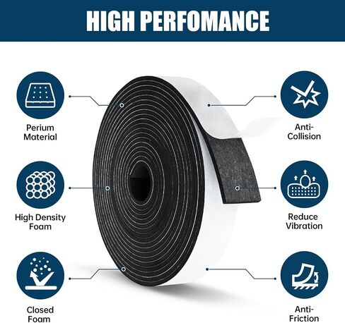 Single Sided Foam Tape Heavy Duty Waterproof, 2 Inch Wide x 1/4 Inch Thick EVA Foam Insulation Tape, Black Weather Stripping for Doors and AC Windows Seal, Soundproof 16.5ft in Kuwait