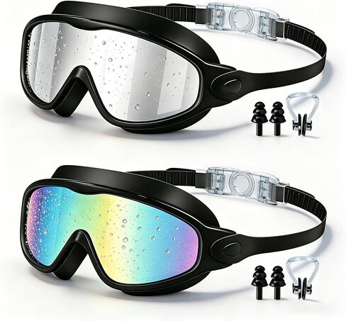 Anti-Fog Swim Goggles for Adults, 2 Pack with Nose Clip & Earplugs | Polarized UV Protection PC Lens, 180° Wide View; Silicone, No-Leaking, Less Eye Pressure; Suitable for Pool & Beach Swimming in Kuwait