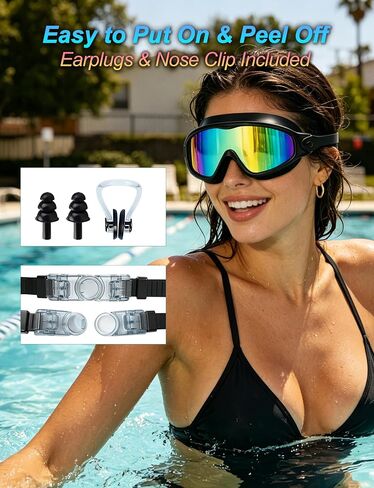 Anti-Fog Swim Goggles for Adults, 2 Pack with Nose Clip & Earplugs | Polarized UV Protection PC Lens, 180° Wide View; Silicone, No-Leaking, Less Eye Pressure; Suitable for Pool & Beach Swimming in Kuwait