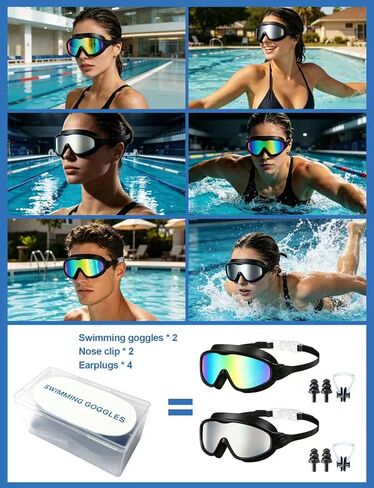 Anti-Fog Swim Goggles for Adults, 2 Pack with Nose Clip & Earplugs | Polarized UV Protection PC Lens, 180° Wide View; Silicone, No-Leaking, Less Eye Pressure; Suitable for Pool & Beach Swimming in Kuwait