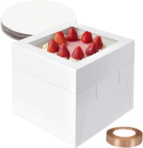 10 Pack Cake Boxes,Tall Cake Box with Window, White Bakery Boxes, 8x8x8 Inch Large Baking Boxes with Sticker, Cardboard Cake Box for Multi-Layer Cakes, Cake Decorating Supplies for Gift Giving in Kuwait
