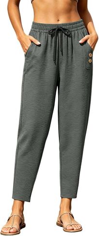 Womens Casual Tapered Pants Drawstring Elastic Waist | Button Closure, Pockets, Regular Fit, Daily Wear, Travel, Walking, Weekend, Elastic Cuffs, Pull on Style, Cropped Pants in Kuwait