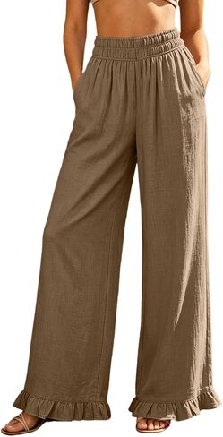 Women's Wide Leg Pants Ruffle Hem Palazzo Pants | Elastic Waist, Loose Fit, Daily Wear, Vacation, Travel, Lightweight, Weekend, Comfortable, Wide-leg Flowy Trousers in Kuwait