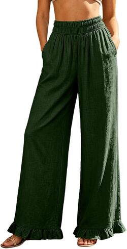 Women's Wide Leg Pants Ruffle Hem Palazzo Pants | Elastic Waist, Loose Fit, Daily Wear, Vacation, Travel, Lightweight, Weekend, Comfortable, Wide-leg Flowy Trousers in Saudi Arabia