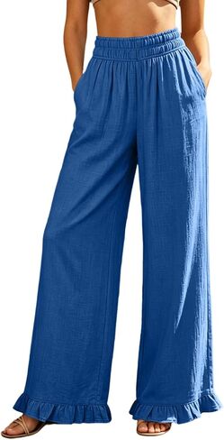 Women's Wide Leg Pants Ruffle Hem Palazzo Pants | Elastic Waist, Loose Fit, Daily Wear, Vacation, Travel, Lightweight, Weekend, Comfortable, Wide-leg Flowy Trousers in Saudi Arabia