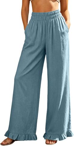 Women's Wide Leg Pants Ruffle Hem Palazzo Pants | Elastic Waist, Loose Fit, Daily Wear, Vacation, Travel, Lightweight, Weekend, Comfortable, Wide-leg Flowy Trousers in Saudi Arabia