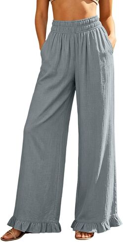 Women's Wide Leg Pants Ruffle Hem Palazzo Pants | Elastic Waist, Loose Fit, Daily Wear, Vacation, Travel, Lightweight, Weekend, Comfortable, Wide-leg Flowy Trousers in Saudi Arabia